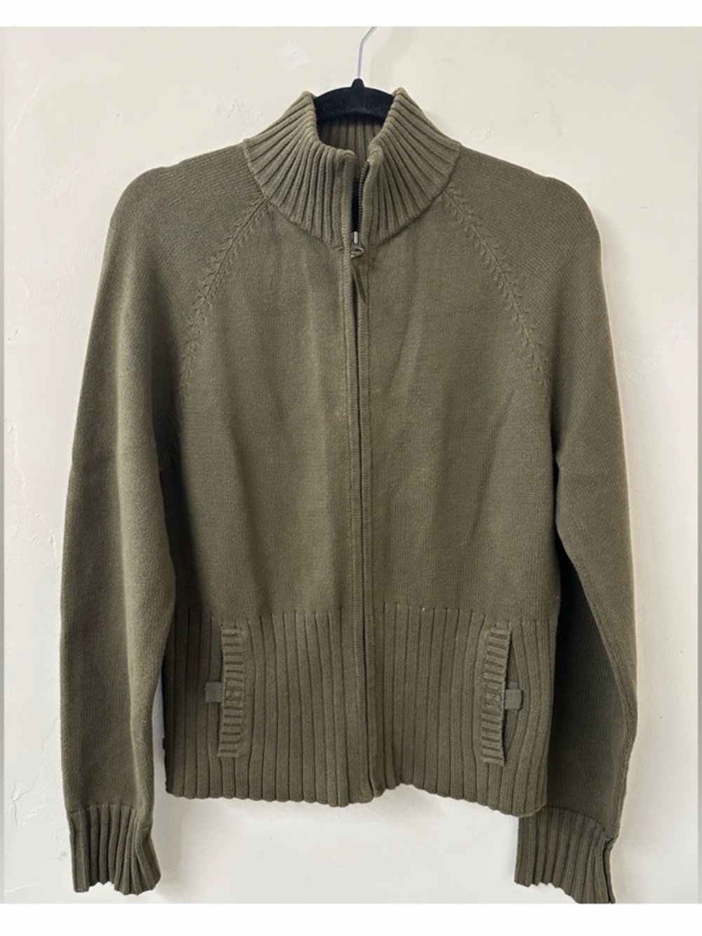 Ralph Lauren Olive Green Full-Zip Ribbed Sweater Cardigan